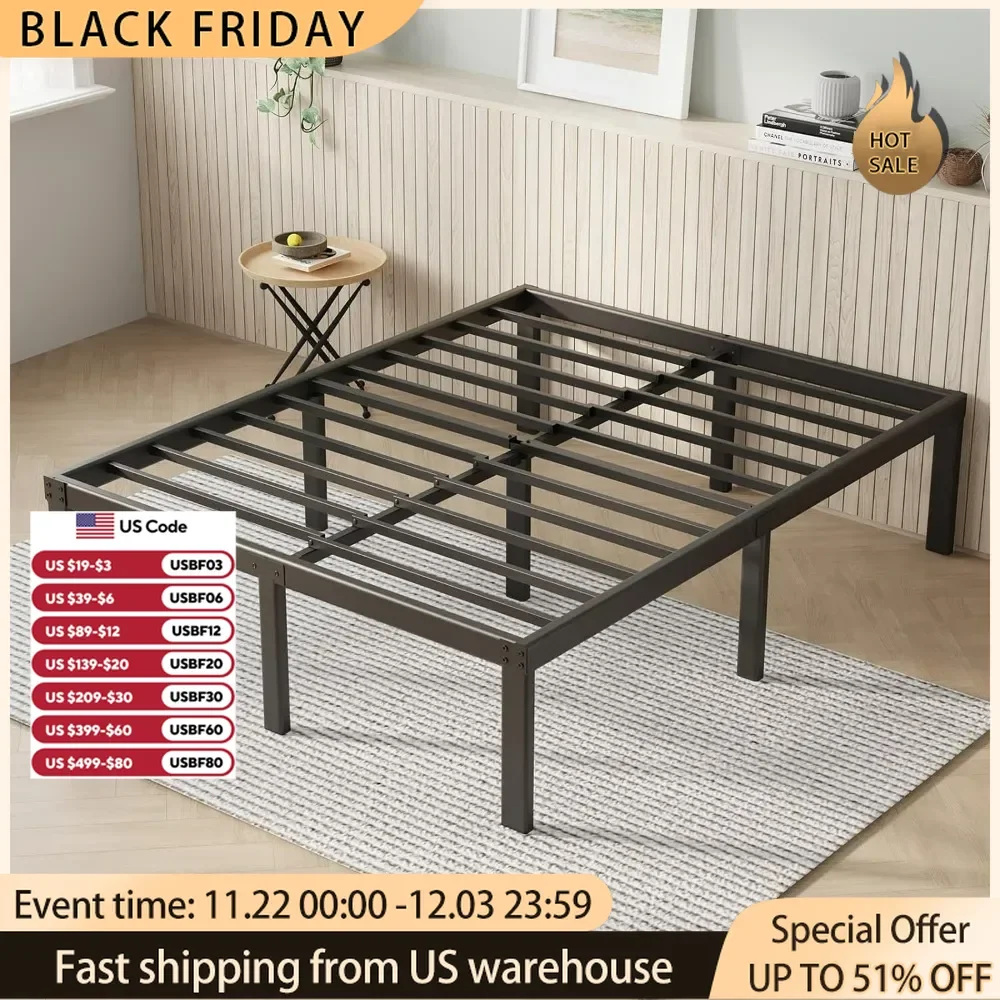 14Inch Metal Platform Bed Frame Queen Size w Storage Space Under Bed, Steel Slat Support,Easy Assembly, No Box Spring Needed