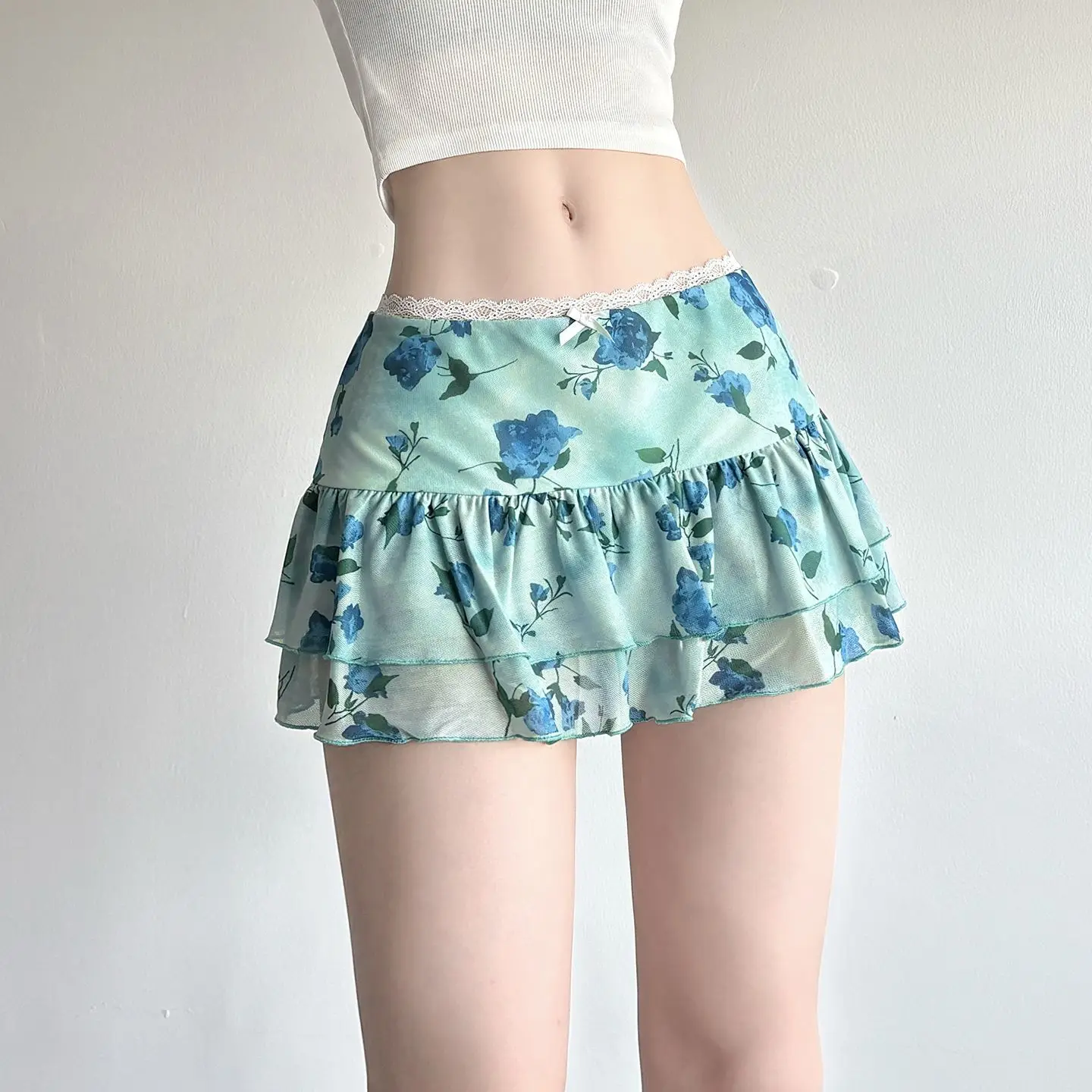 تنورة كعكة شبكية وردية مطبوعة باللون الأخضر المقرمش، تنورة هوتي منخفضة الخصر من الدانتيل الحلو والحار