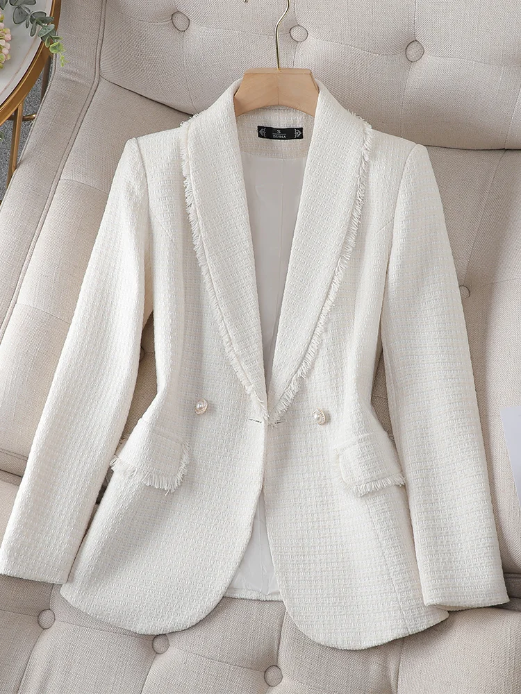 Tweed Pink Blazers For Women Elegant Chic Office Ladies Long Sleeve Lapel Solid Jacket Female Vintage Burr Slim Coats Tops Cloth