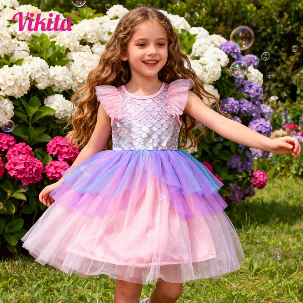 VIKITA Girls Mermaid Silver Shimmery Flare Sleeve Birthday Party Princess Pink Dress Kids Sparkly Layered Casual Daily Frocks