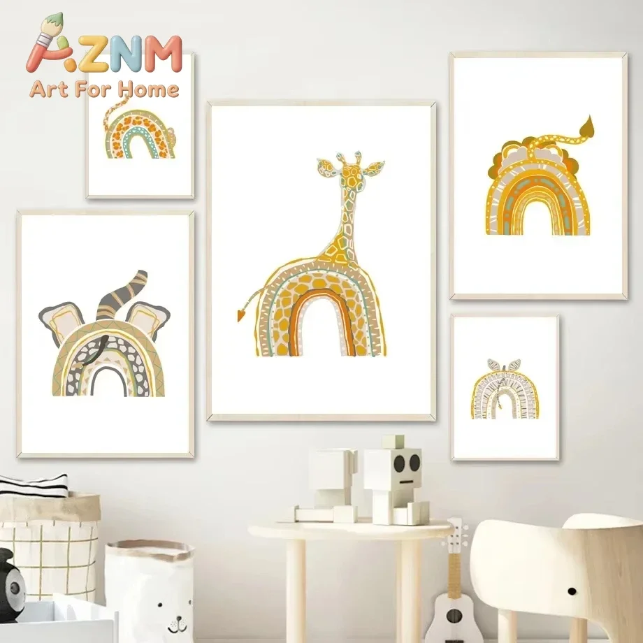 Minimalist Abstract Creative Rainbow Animal Art Poster Leopard, Giraffe, Lion, Elephant, Zebra Canvas Print Children Room Decor