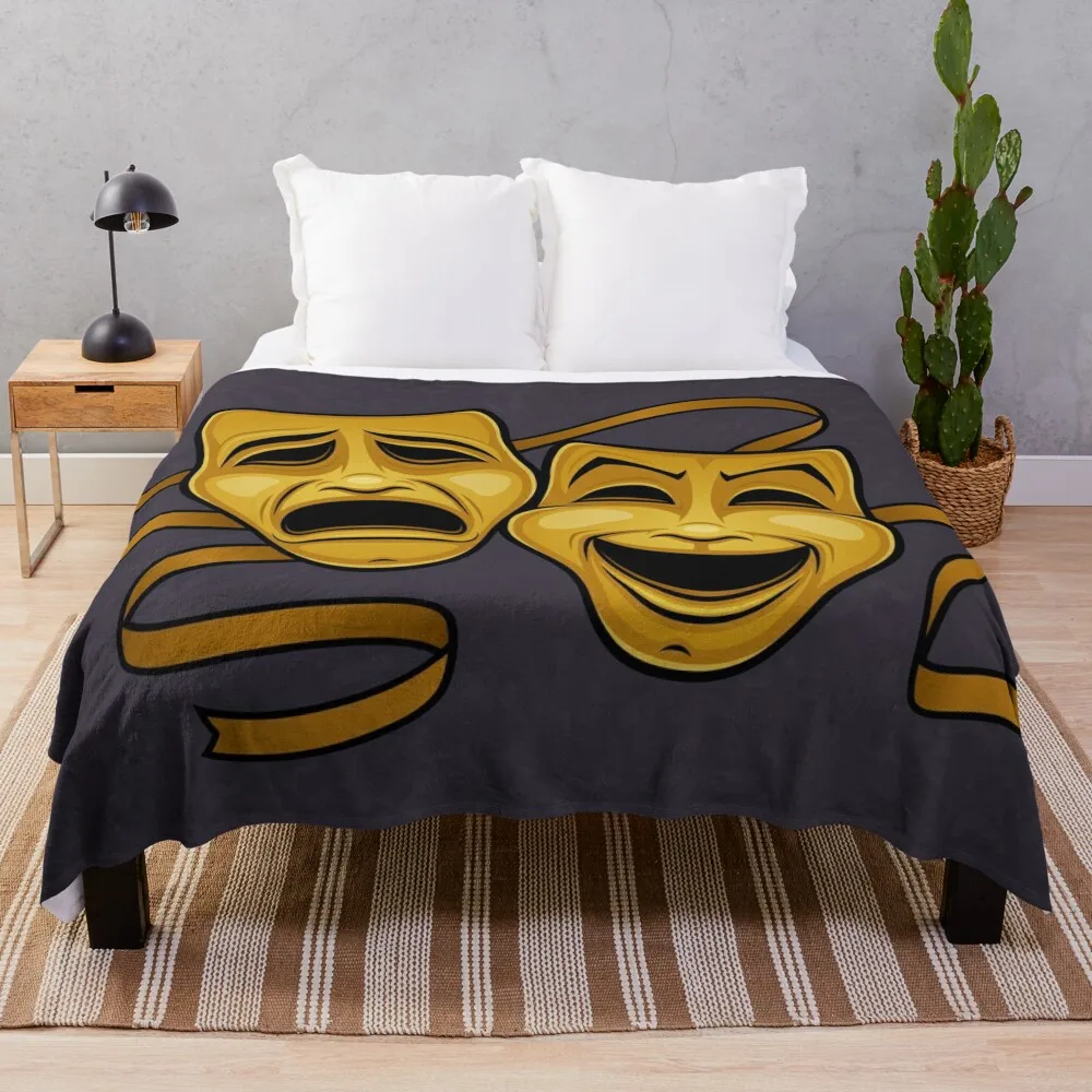 Gold Comedy And Tragedy Theater Masks Throw Blanket Plaid on the sofa Shaggy Blankets