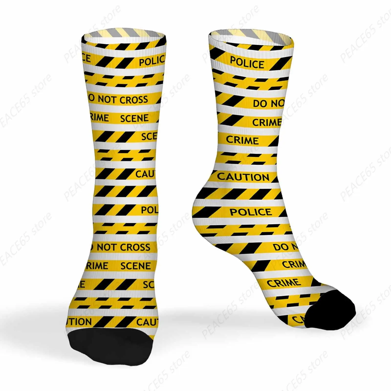 Socks Yellow Police Tape Athletic Crew Socks Do Not Cross Crime Scene Black Diagonal Striped Black for Men Women Cool Cute