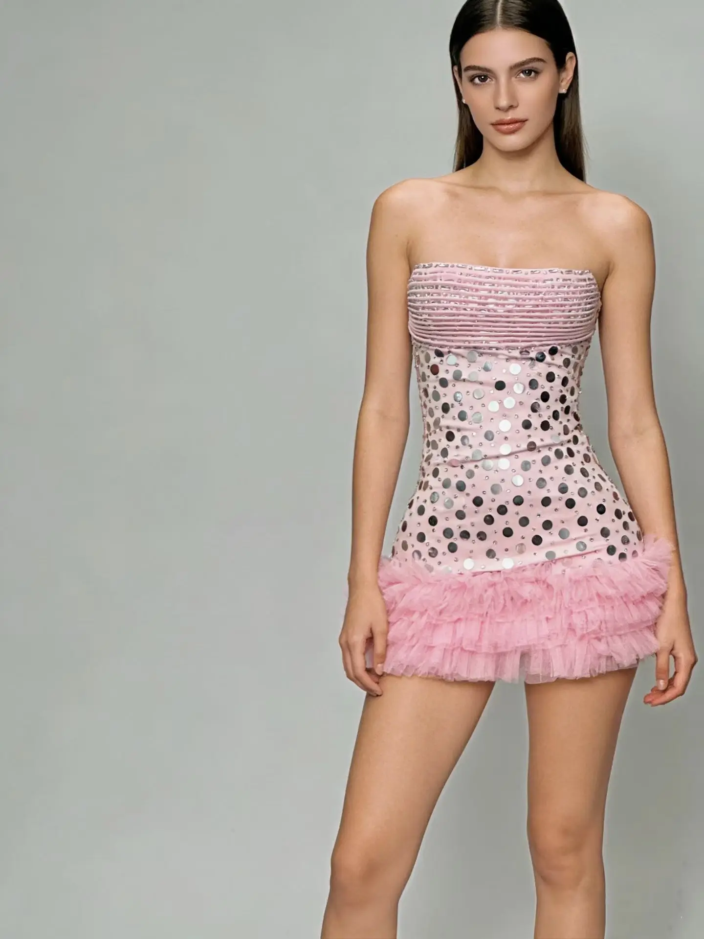 Yusui Fashion Women Strapless Dress Sexy Pink Mesh Fluffy Mini Skirt Bar Stage Performance Costume Bespoke Occasion Dress