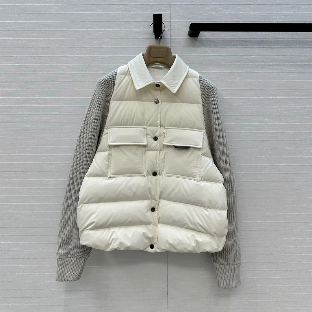 

Старые деньги стиль осень зима белое пальто на гусином пуху женское шерстяное вязаное лоскутное пальто с лацканами с длинными рукавами и карманами повседневная свободная куртка