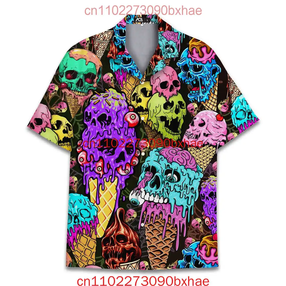 

Colorful Ice Cream Skull Halloween Hawaiian Shirts For Men 3d Print Skeleton Hawaiian Shirts Short Sleeve Button Down Shirt