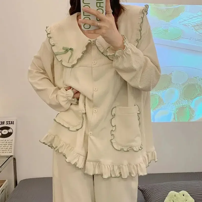 

Женский пижамный комплект в корейском стиле с отложным воротником, женская одежда для сна из 2 предметов с брюками и оборками, однобортная пижама для женщин