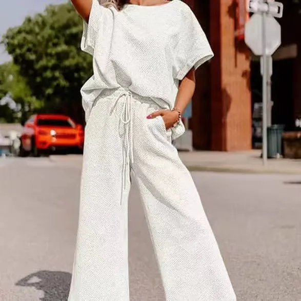 2025, neue modische Rundhals-Top + Hose mit weitem Bein, zweiteilige Sets für Damen, Sommer, lässig, lockeres Hemd und Hose, Set für Damen