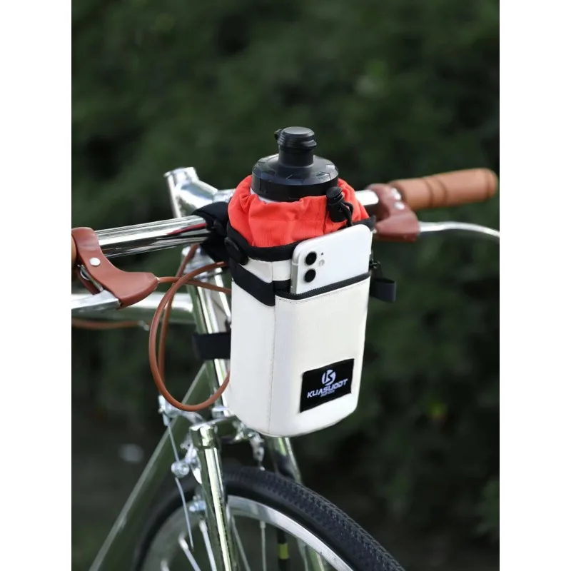 Bicycle Water Bottle Bag 1.3L Oxford Fabric Cycling Bottle Pouch Drawstring Design Zipper Pocket Bike Handlebar Drink Holder Bag