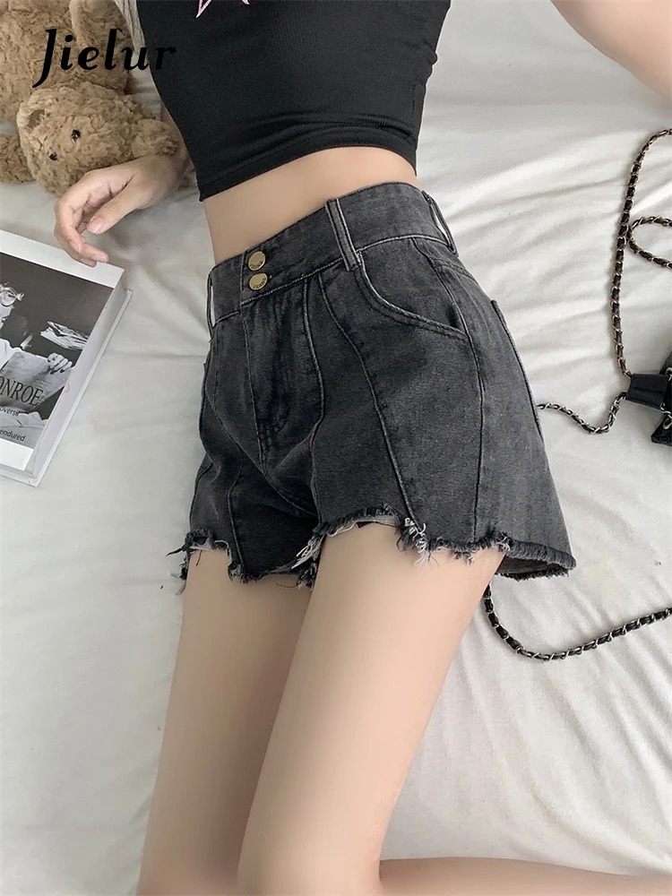 Jielur Summer New High Waist Chic Denim Women Jeans Blue Black Slim Loose A-line Shorts Solid Color Fashion Light Jeans Female