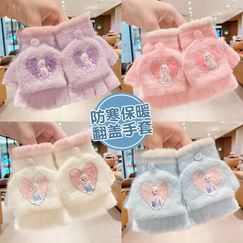 

Disney Gloves Elsa Princess Cold-Proof Winter Plush Gloves Flip Up Girls Gloves Kawaii Anime Winter Warm Thickened Mittens Gifts