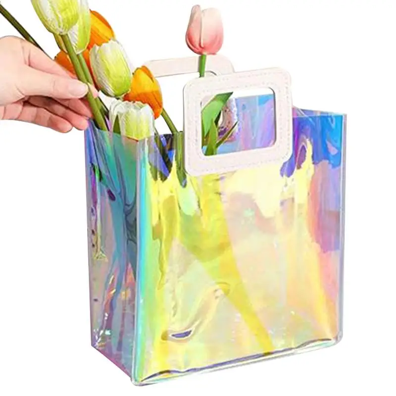 Creative Transparent Tote Bag Holographic Rainbow Color Shopping Bag Reusable Large Capacity Shopping Beach Bag Organizer Pouch