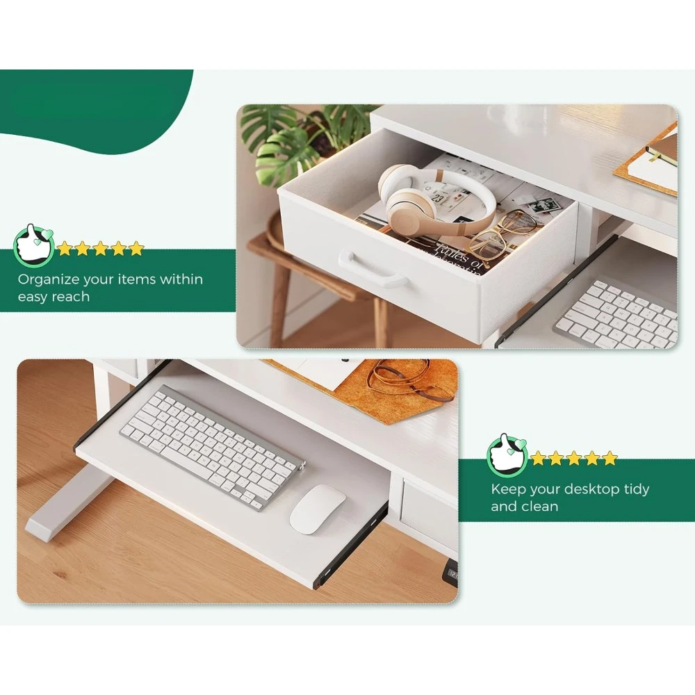 Electric Standing Desk with Drawers & Keyboard Tray, 47 Inch Height Adjustable Small Gaming Desk with Power Outlets & LED Lights