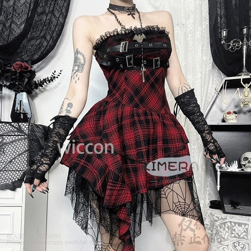 2024 Anime Goth Cosplay Halloween Suit Red Lattice Lolita Dress Black Glove Tube Dress Costume For Women Girls Halloween Party