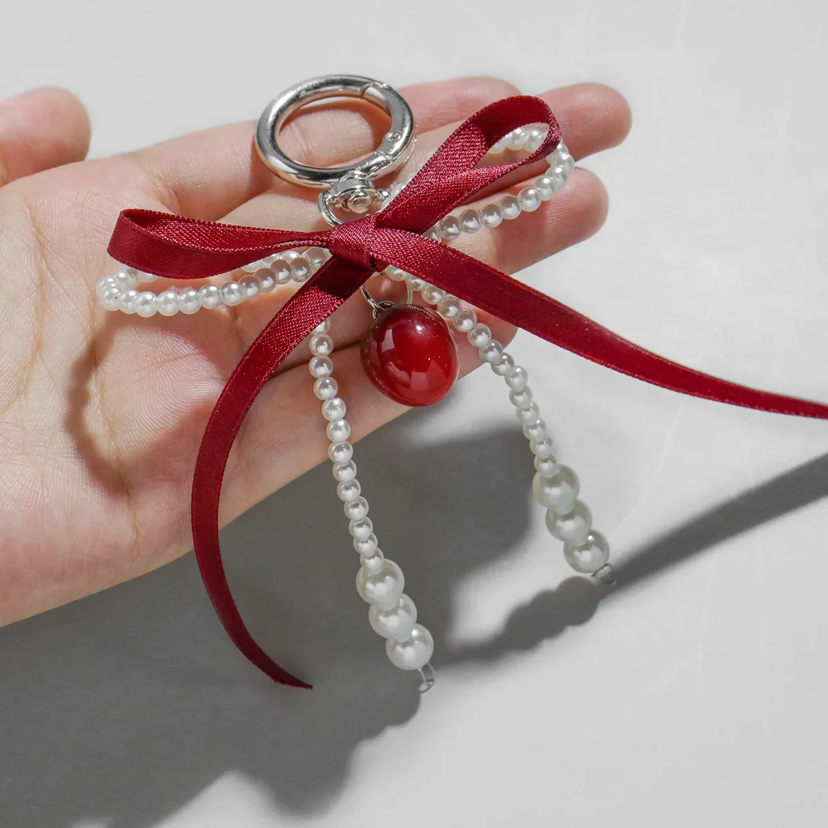 Wine Red Ribbon Cherry Pendants Keychain Women Sweet White Pearl Bow Backpack Key Ring Jewelry Bags Decoration Friendship Gifts