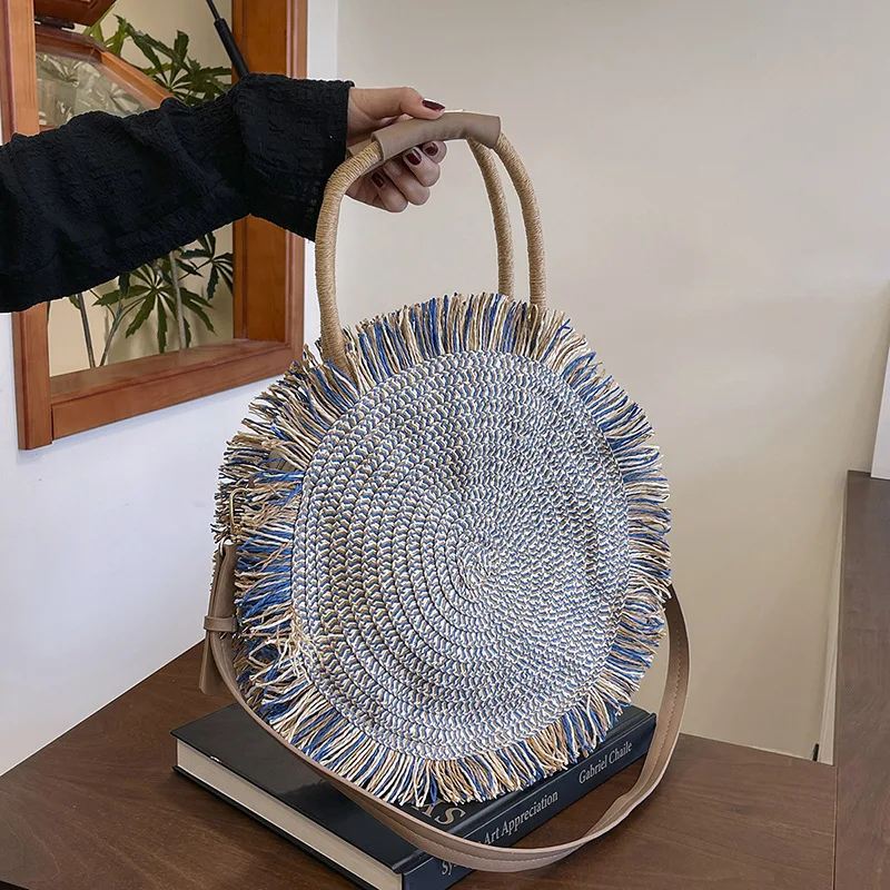 

Summer Tassel Round Straw Bag Handmade Crochet Women Shoulder Bag Travel Beach Bags for Women 2025 Handbag Knitting Woven Bags