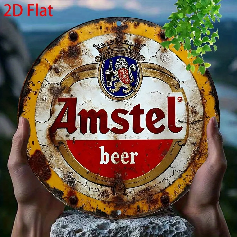 2D Flat - 1 Vintage Amstel Beer Retro Metal Tapestry | Two-Dimensional Flat Aluminum Tin Sign with a Rustic Worn Effect, 20.32cm X 20.32