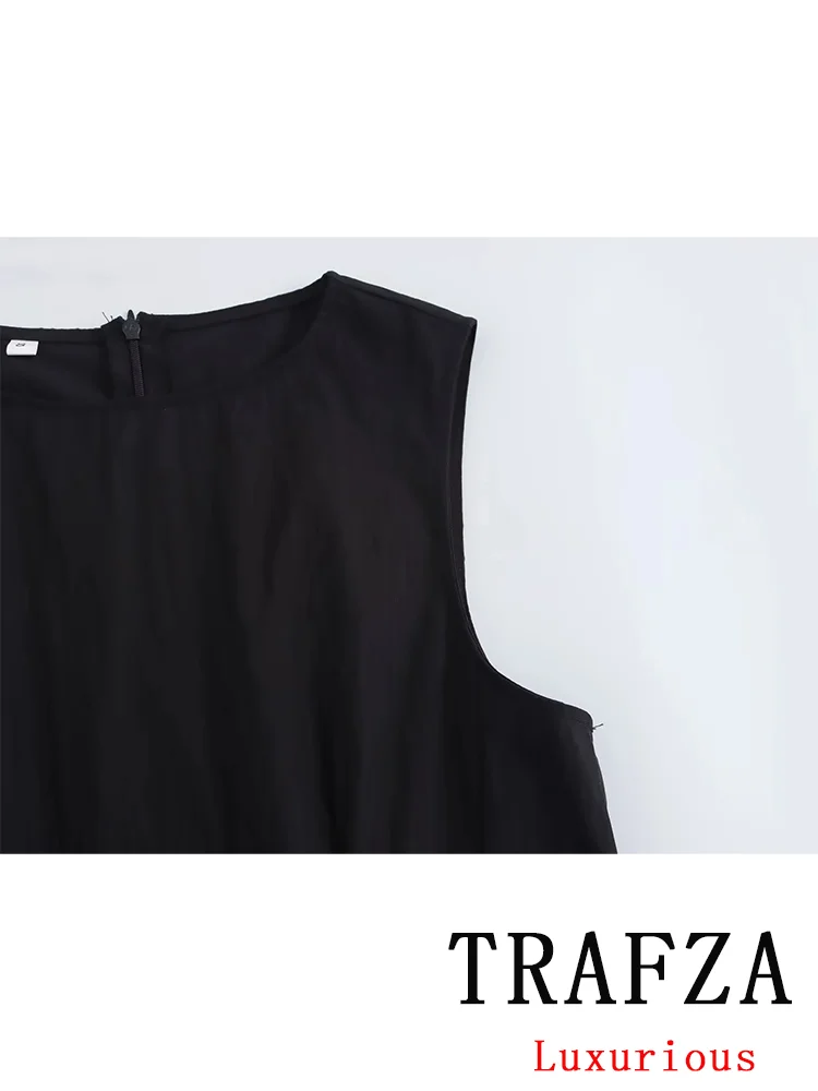 TRAFZA Vintage Casual Chic Black Women Suits  Sleeveless Ruffles Tank Top Wide Leg Pocket Shorts New Fashion 2024 Autumn Suits