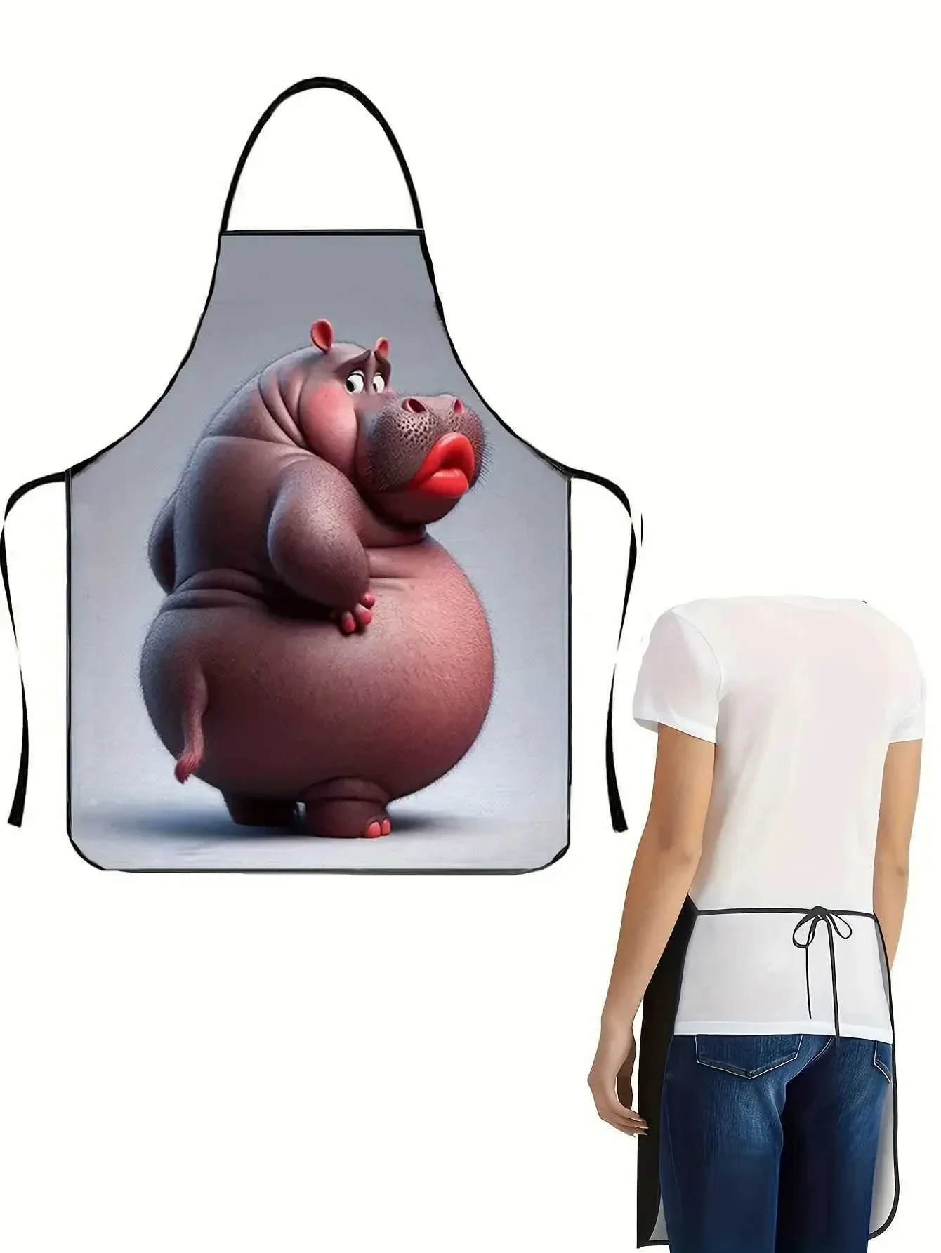 Funny Cartoon Hippo Apron Loose Fit Unisex Kitchen Apron Back Tie Durable Fabric Cooking Baking Grilling