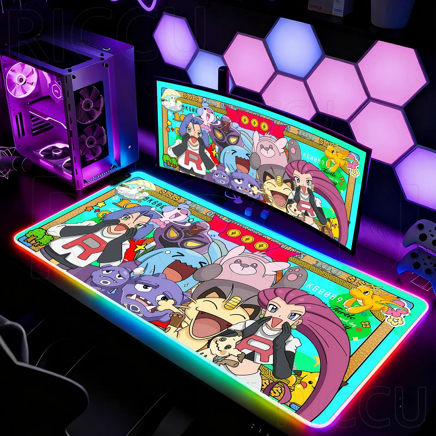 

RGB XXL HD Pokemon banknotes Kawaii Japan Anime Mouse Pad PC Accessories Eevee Gamer Keyboard Laptop Gaming Gengar LED Desk Mat