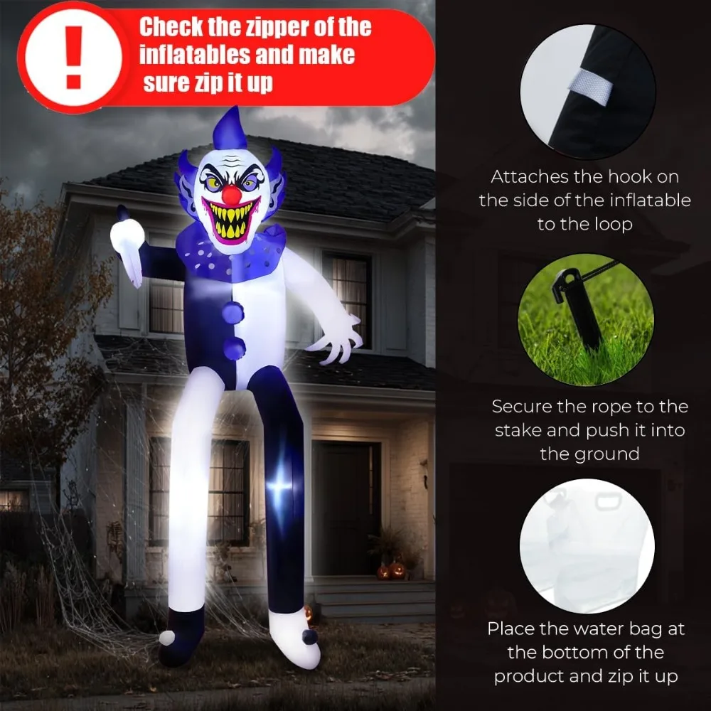مهرج مخيف عملاق قابل للنفخ للهالوين بطول 9 أقدام مع أضواء LED للديكور الخارجي والداخلي #5