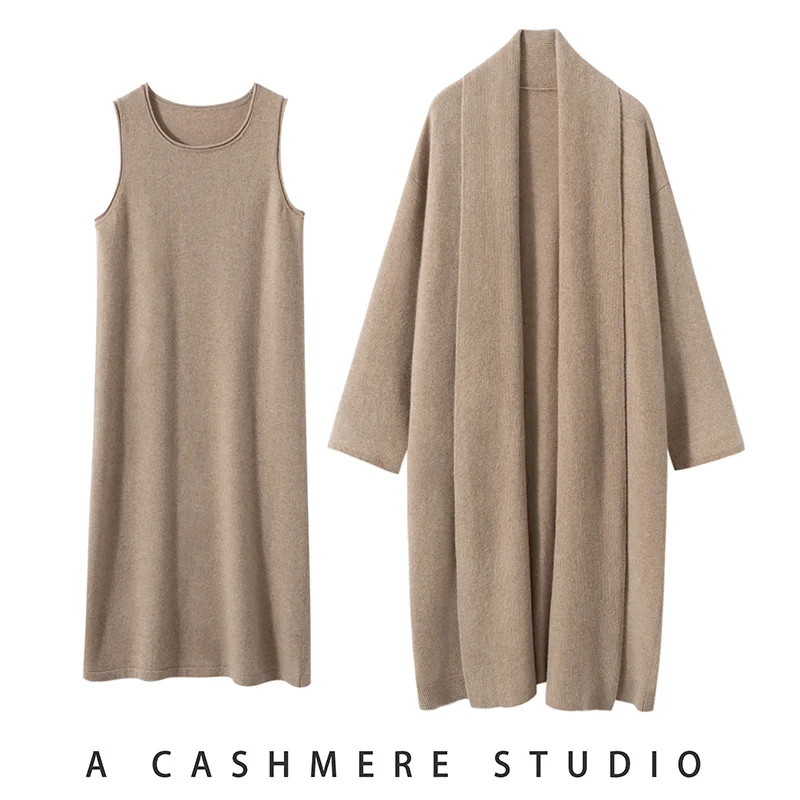 

New Women's 100% Cashmere Knit Sweater Vest Suit Long Cardigan Coat Tank Dress Luxury Design Autumn Winter High Quality Set