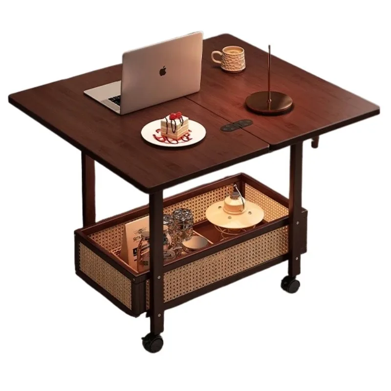 عربة طاولة جانبية قابلة للطي من الخشب الصلب مع عجلات، عربة شاي قهوة عتيقة موفرة للمساحة للشرفة الصغيرة وغرفة المعيشة #6