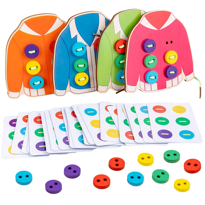 1set Educational Toys 's Fun Montessori Learn Basic Life Skills Teaching Aids Clothes Threading Button Sewing Board Game