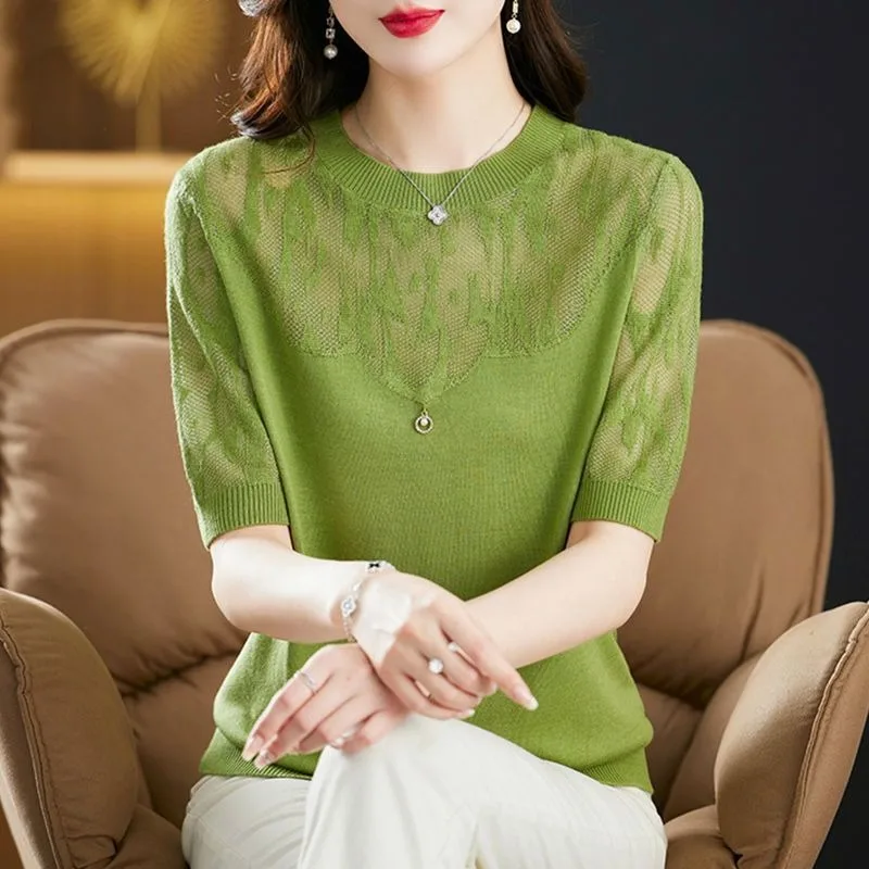 여성 스윗 스웨터 한국 라운드넥 시크 반팔 블라우스 풀오버 여름 레트로 슬림 홀터넥 크롭탑