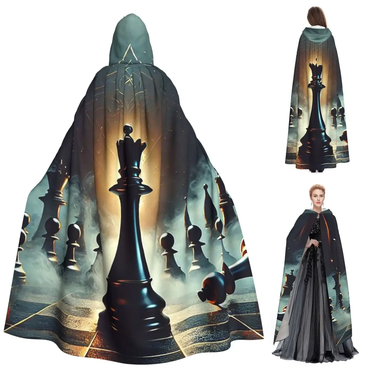 블랙 킹 체스 체스판 긴 후드 망토 마녀 중세 의상 코스프레 케이프 할로윈 파티 성인 유니섹스