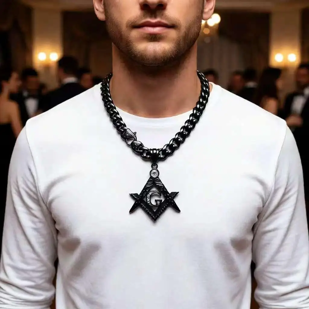 

Ожерелье с подвеской со стразами, ширина 11 мм, черная нержавеющая сталь, масонство, масонство