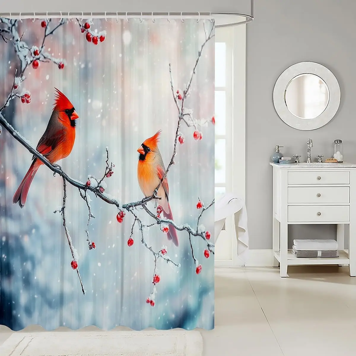 3D Cardinal Bird Shower CurtainKids Farmhouse Red Birds Bathroom Shower Curtain Set for Boys Snowflake Tree Branches Cute Animal