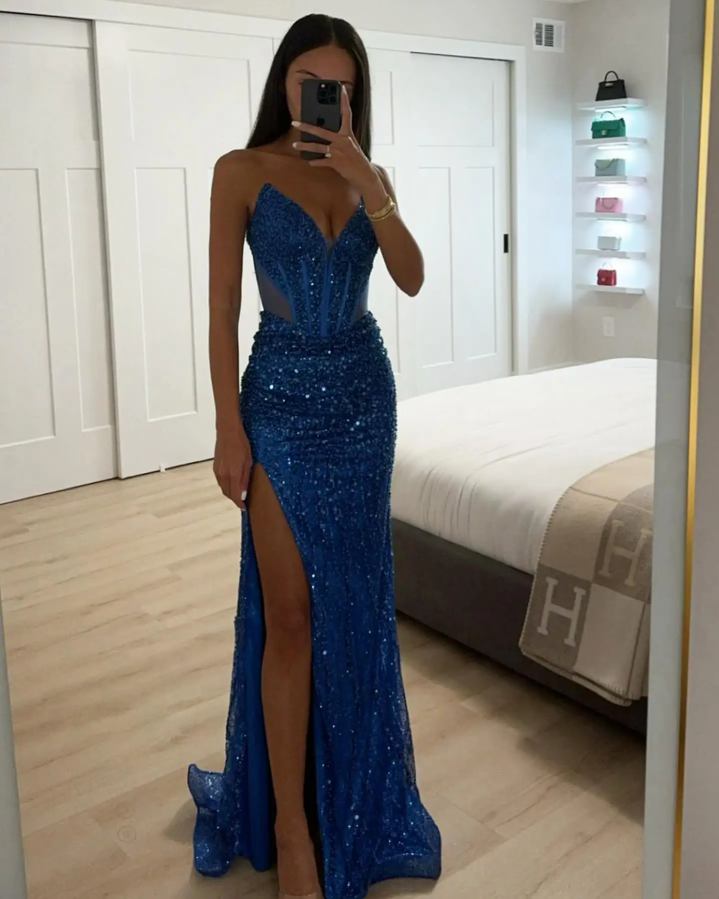 Royal Blue Sparkly Sequin Prom Dress Long for Women 2025 V Neck Side Slit Illusion Corset Mermaid Formal Evening Gown Customized