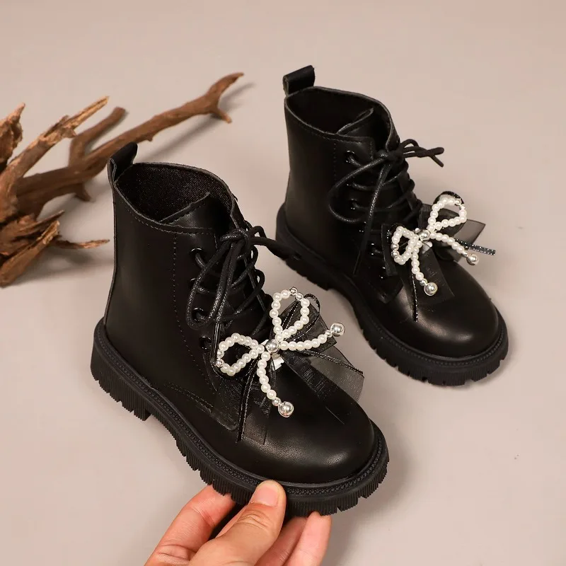 Girls Leather Boots with Sweet Beading Bows Kids Princess Boots  Round Toes 2025 Autumn New Children Ankle Boots Soft Bottom