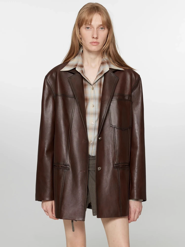 Chaqueta Blazer de cuero genuino de longitud media para mujer primavera otoño 2026 nuevo abrigo de piel de oveja auténtica suave suelto Simple Vintage de gama alta