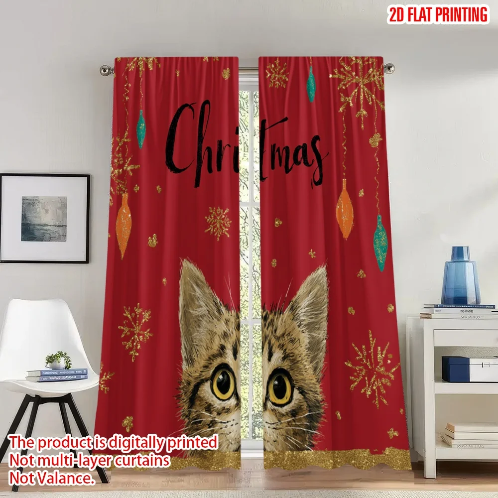 

2pcs 2D flat printing Happy Christmas Scene Curtains Cute Christmas Cat Snowflakes Digital Printed Polyester Drapes Party &