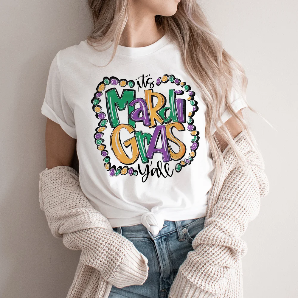 Mardi Gras Shirt for Women It's Mardi Gras Yall Shirt Carnival Outfit Shirt Holiday Bleached Short Sleeve Tops Clothes