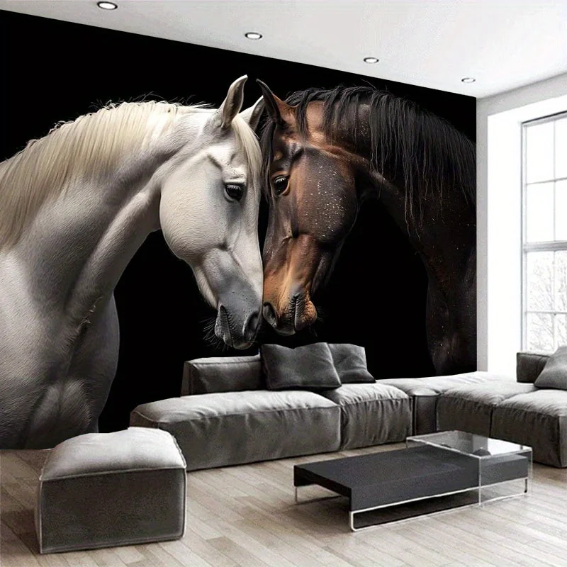 Modern Living Room With Horse Wall Mural Art Decorative 3D Wallpaper Black Background White And Brown Horses Interior Design