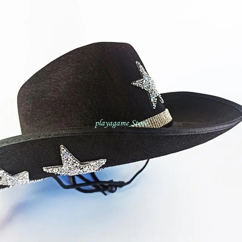 Y88A Sunproof لحجر الراين نجمة فيدورا قبعة قبعة رعاة البقر مع حافة لفة الجاز الغربي H