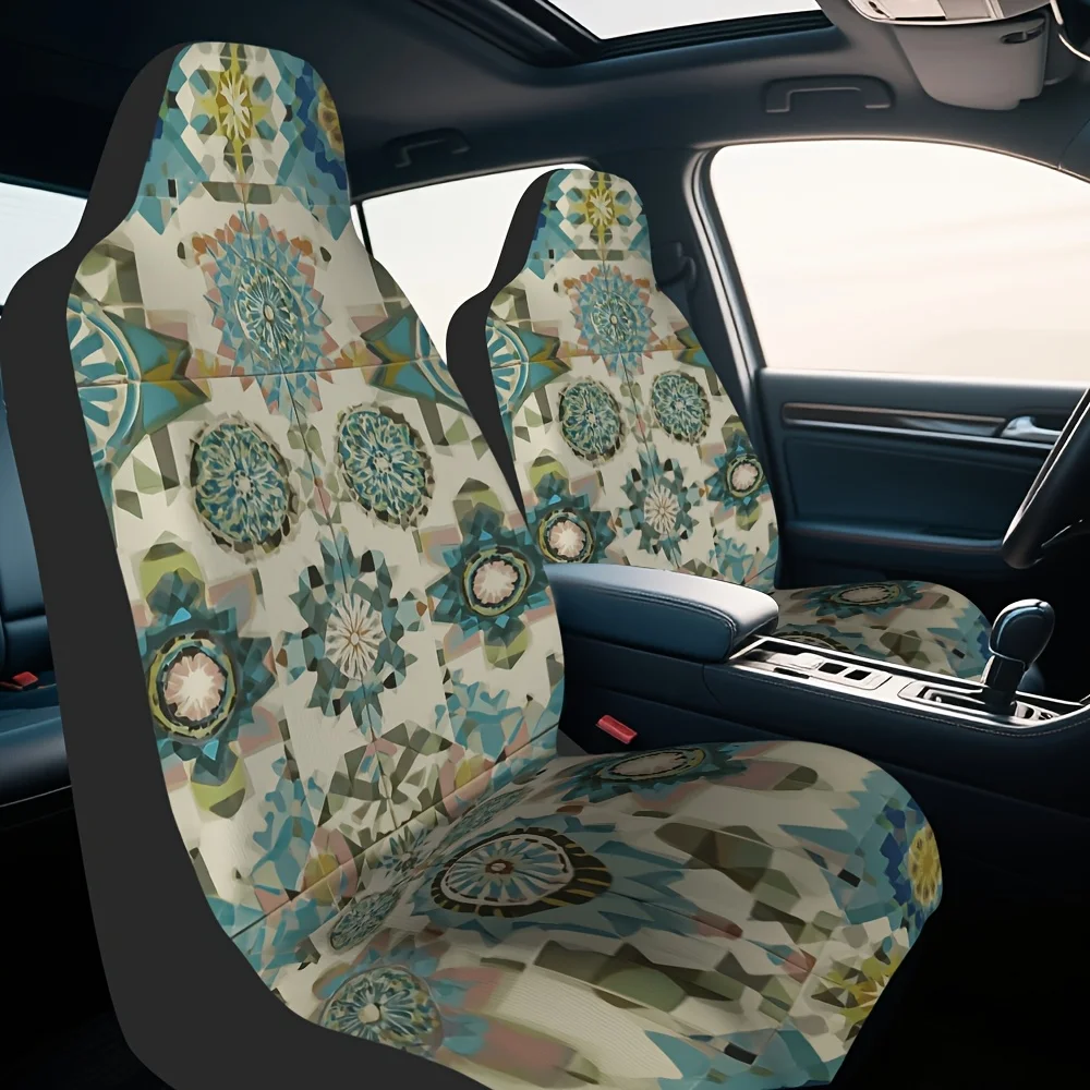 2pcs, Geometric Tile Mandala Print Front Seat Covers, Great For Front Seat Comfort On Long Road Trips, Reliable Choice For Drive