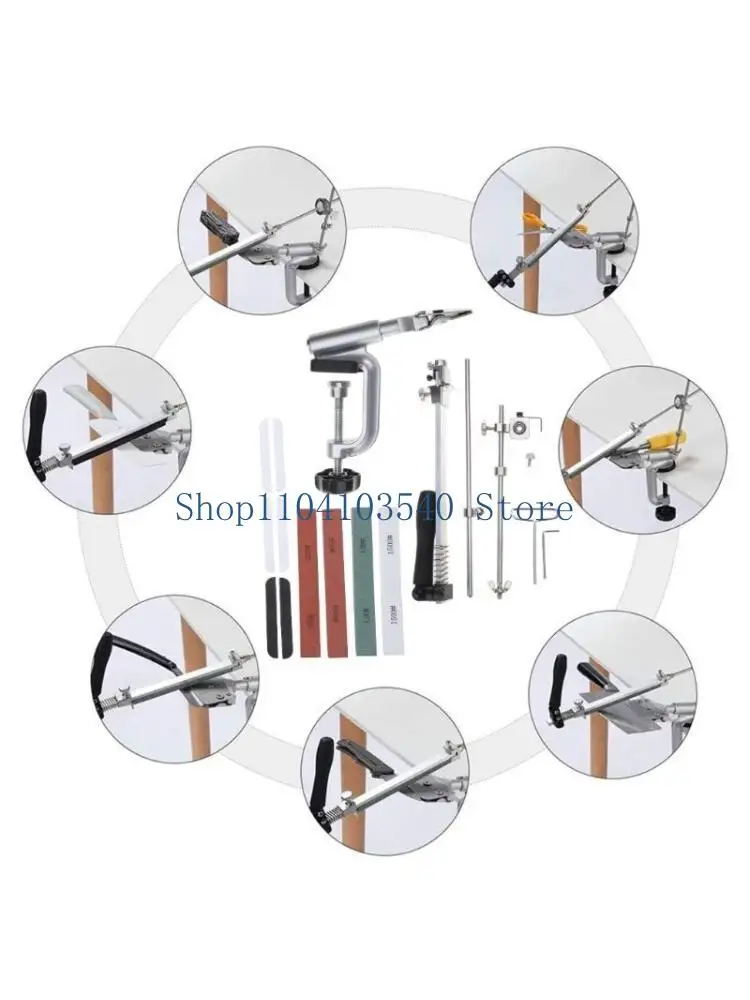 02DC RX-008 Kitchen Knife Sharpener System with 10 Whetstones 360° Rotation Flip Design Fixed Angle Stainless Steel