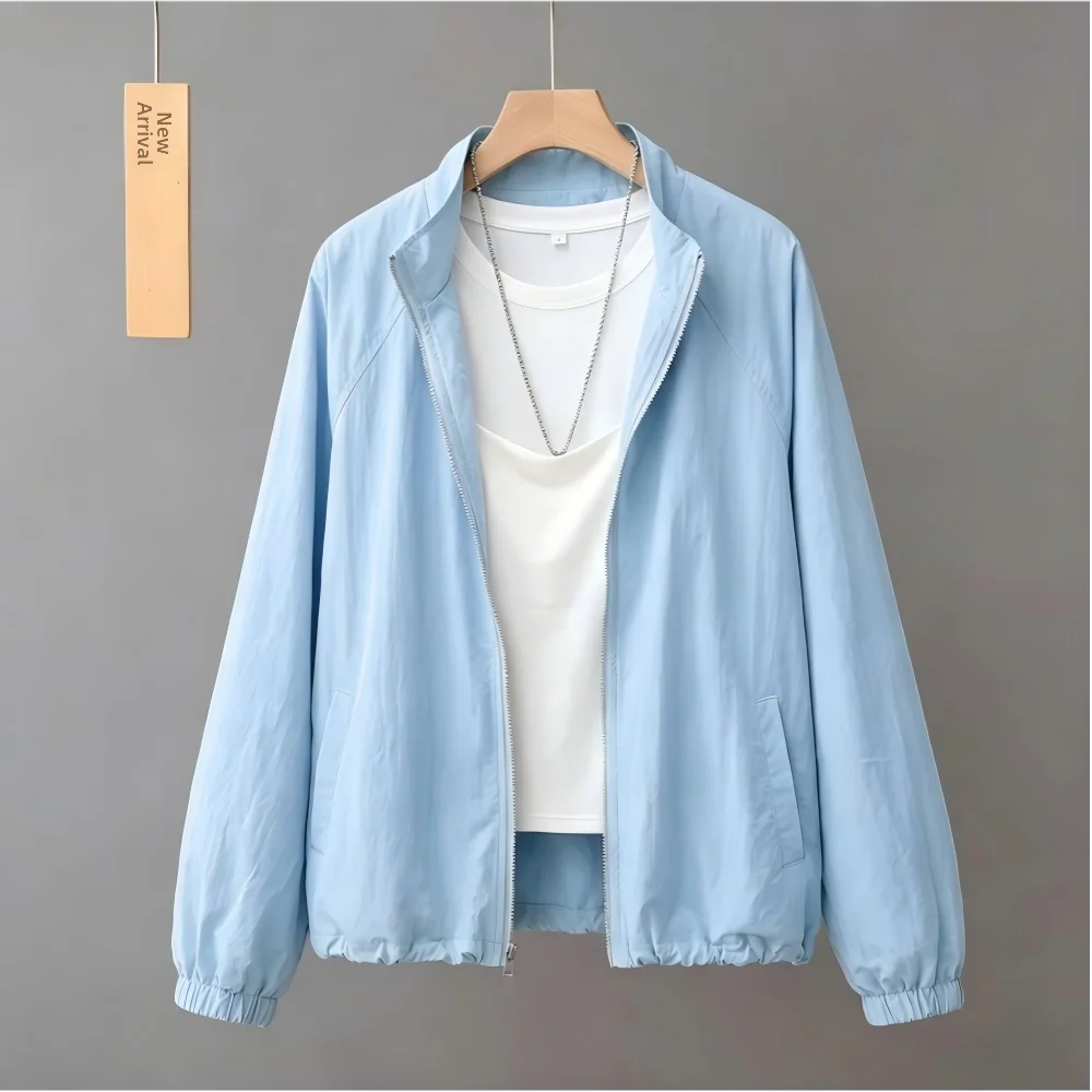 

Women's Summer 2026 New Lazy Style Casual Fashion Thin Stand Collar Sun Protection Coat Long Sleeve Zipper Closure Polyester