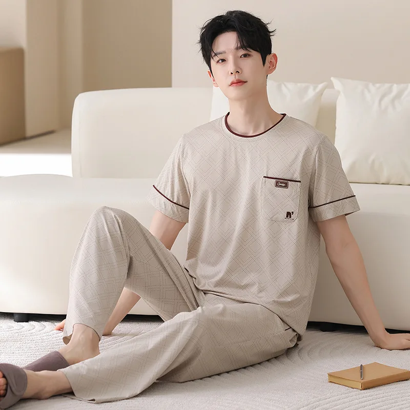 

Summer Men's Pajamas Set Short Sleeve Long Pants Lyocell Cotton Silky Bare Skin Touch Breathable Outdoor Homewear Hombre Pijamas