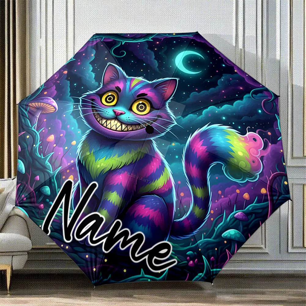 Custom Name Umbrella Whimsical Cartoon Cat with Wide Grin 8 Iron Ribs Folding Umbrella Auto-Open Fashion Sunshade