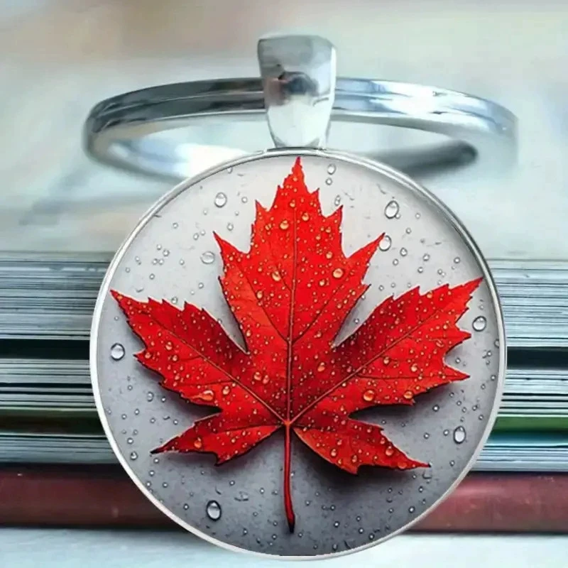 Red Maple Leaf 2D Glass Time Gem Keychain Women Bag Key Ring Wedding Trinket Men Car Keyring Girl Party Gift K13