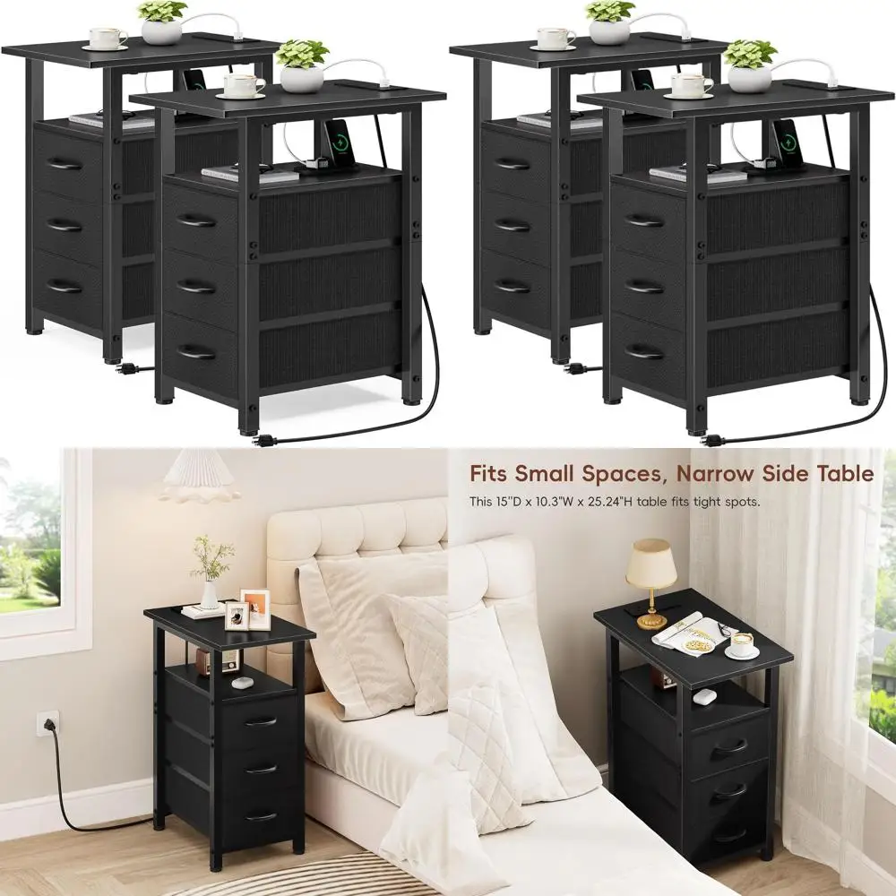 

Set of 2 Black Charging Station End Tables, Slim Side Table for Small Spaces, 3 Drawer Narrow Nightstand, Ideal for Bedroom
