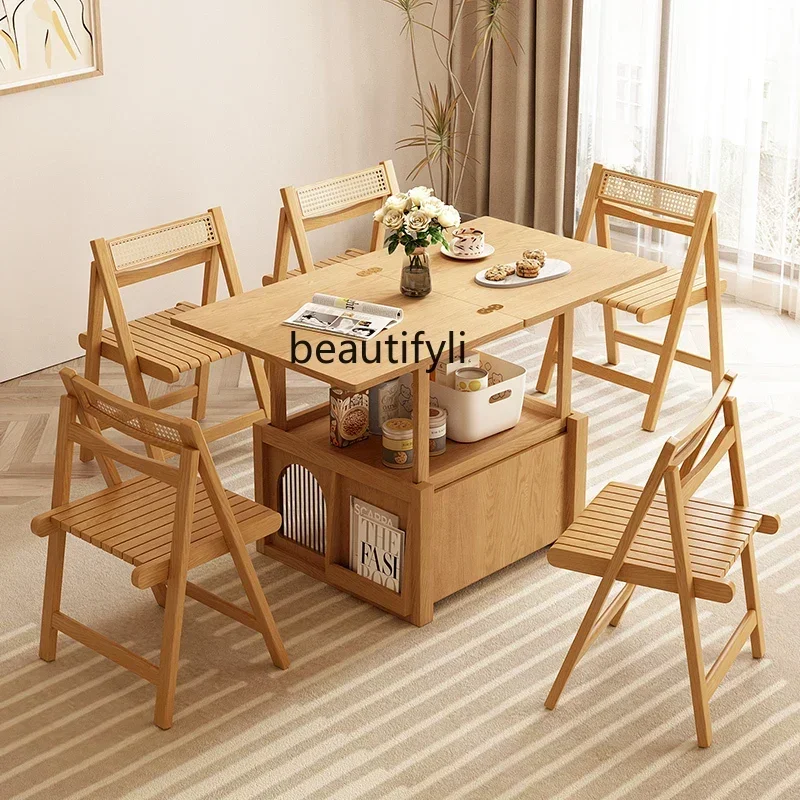 TTT Folding tea table small apartment modern simple solid wood lifting tea table dual-purpose multi-functional tea table combina