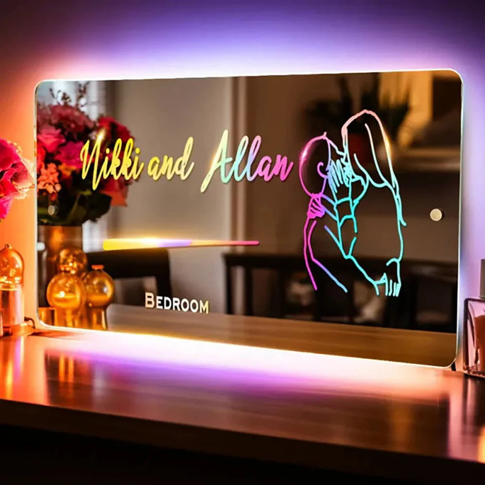 Personalized Photo Mirror Light Custom Logo Text LED Light Up Mirror for Wall Bedroom Christmas Valentine's Day Wedding Gifts