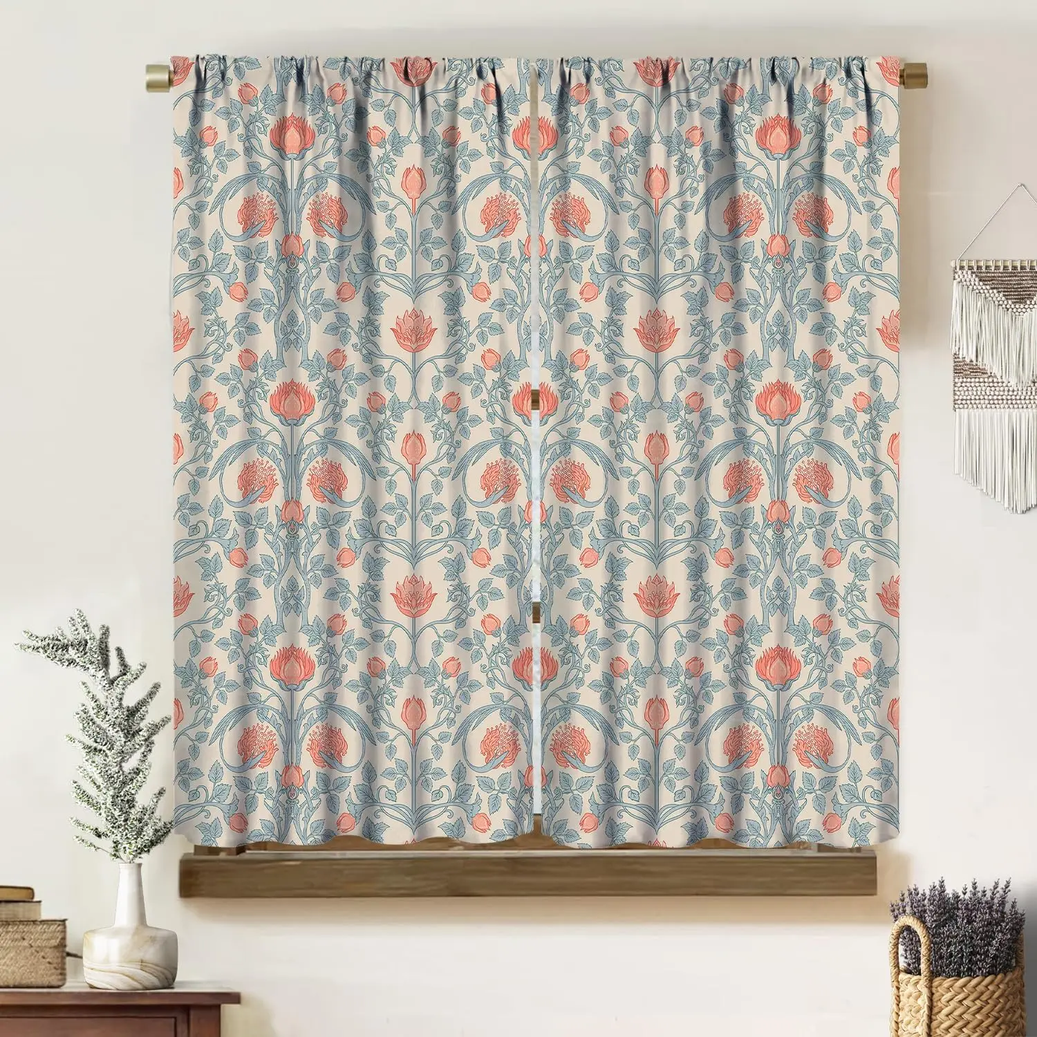 Vintage Floral Artwork Curtains,Mid Century Blue Pink William Morris Style Seamless Pattern, Blackout Pocket Window Treatments