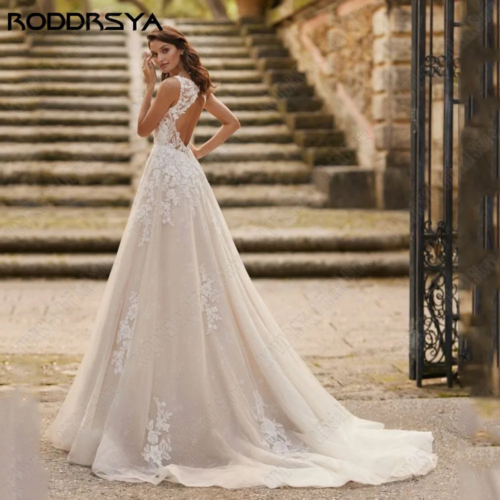 RODDRSYA gaun pernikahan tanpa lengan elegan untuk 2024 gaun pengantin Applique A-Line gaun pengantin Tulle V-Neck Vestido De Novia